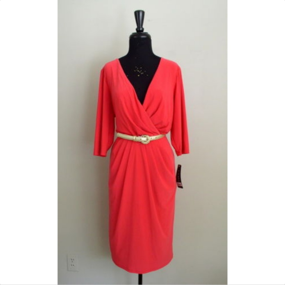 Lauren by Ralph Lauren Coral Belted Dress Sz 14W - Picture 2 of 8